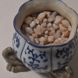 Blue and White Ceramic Planter with Pebbles
